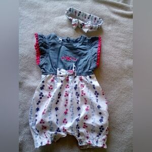 Princess Rose Blue ,Red & White Romper w Matching Headband/Size 0-3 Months